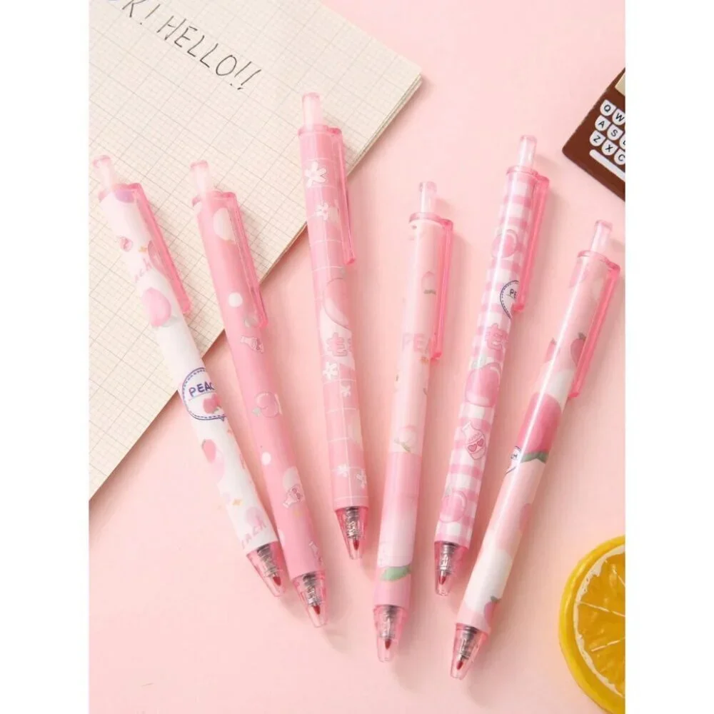 6pcs Peach Plastic Print Ballpoint Pen Multicolor